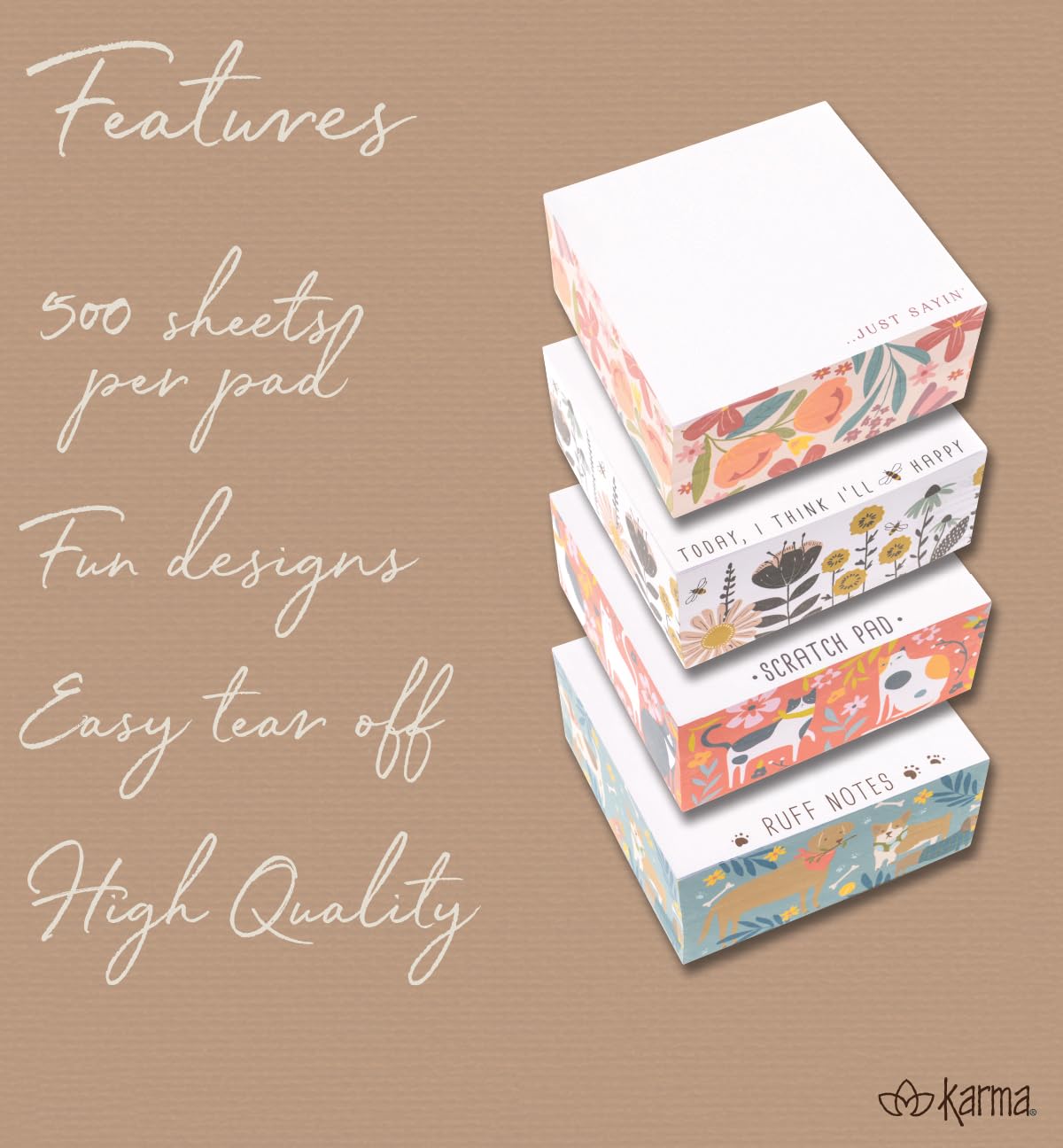 Karma, Block Notepad, 500 Sheet Memo Paper Cube, Non-Sticky Memo Pad Cube for Office, and Home, Sunset Floral