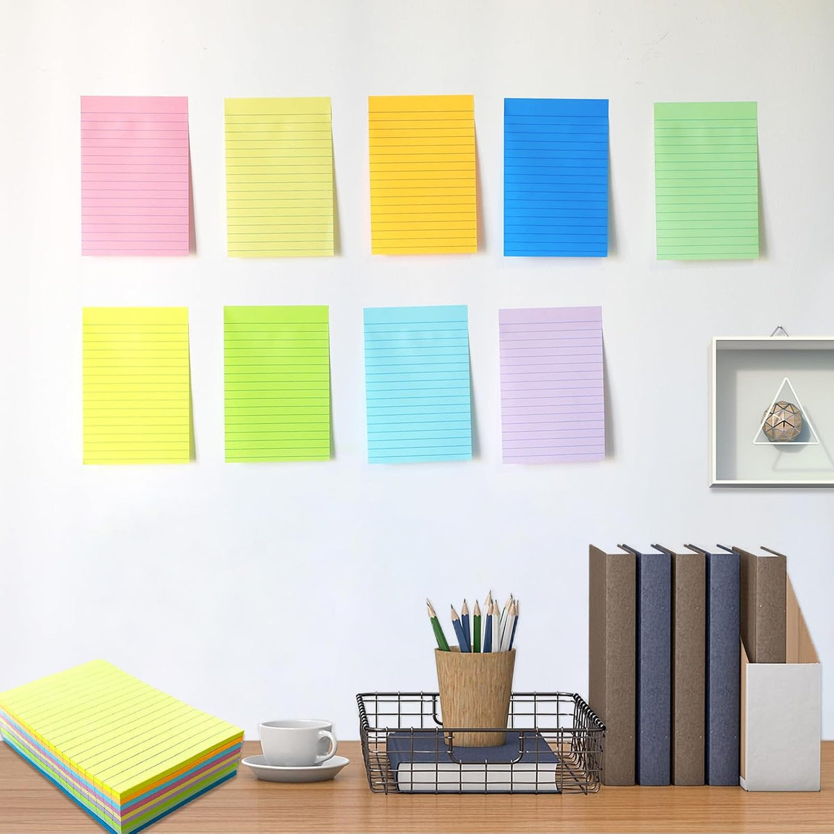 HQCME 9 Pack Lined Sticky Notes with Lines 4X6 in, 9 Pastel Slef-Stick Pads