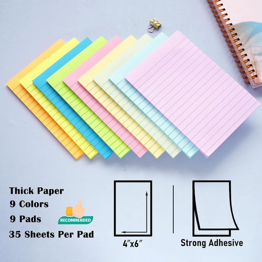 HQCME 9 Pack Lined Sticky Notes with Lines 4X6 in, 9 Pastel Slef-Stick Pads
