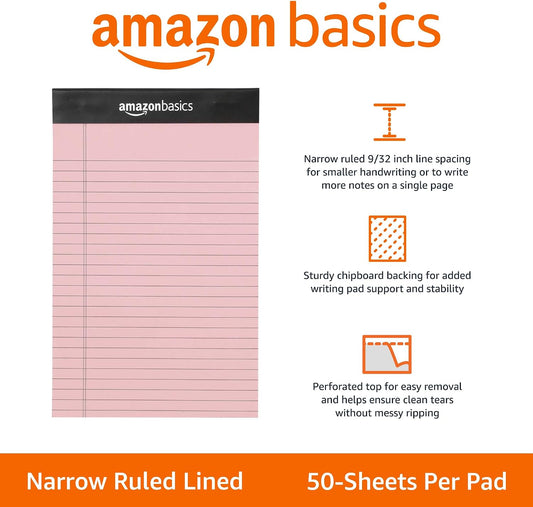 Amazon Basics Narrow Ruled Writing Pads, Perforated, 5" x 8", Multicolor, 6-Pack of 50 Sheets