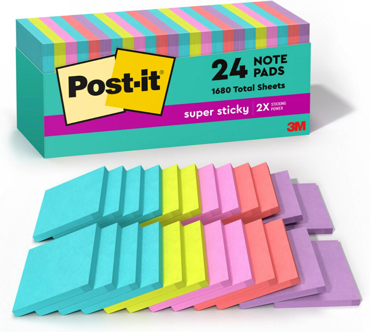 Post-it Super Sticky Notes, 3 x 3 in, Supernova Neons, 24 Pads