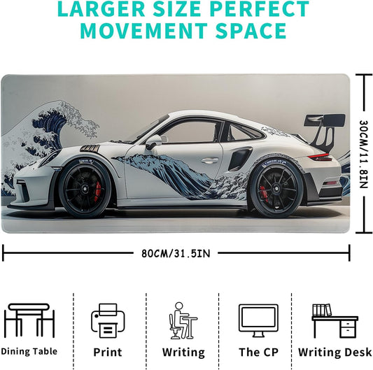 White Ukiyo-e Style Sports Car Large Gaming Mouse Pad Desktop Mat 31.5x11.8 Inch - Non-Slip Rubber Base - for Gamers - Perfect for Gamers & PC Enthusiasts