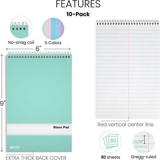 Better Office Products Steno Pads Spiral 6x9, 10 Pack, Gregg Ruled, 80 Sheets, Assorted Pastel Covers, Steno Notebooks Top Spiral for Note Taking