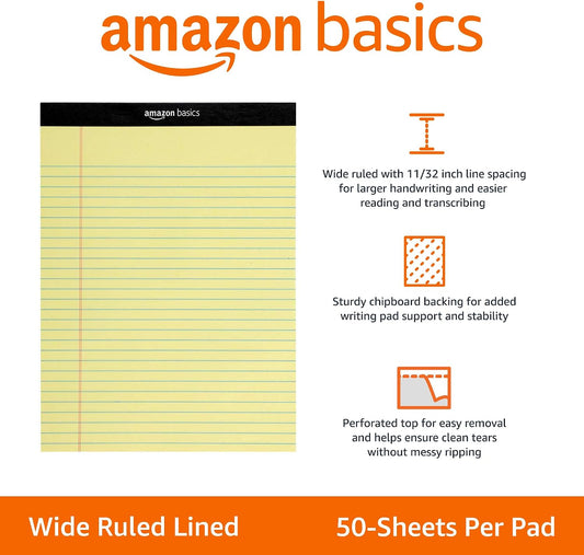 Amazon Basics Wide Ruled Lined Writing Pads, 8.5" x 11.75", Canary, 12-Pack of 50 Perforated Sheets, Sturdy Backing