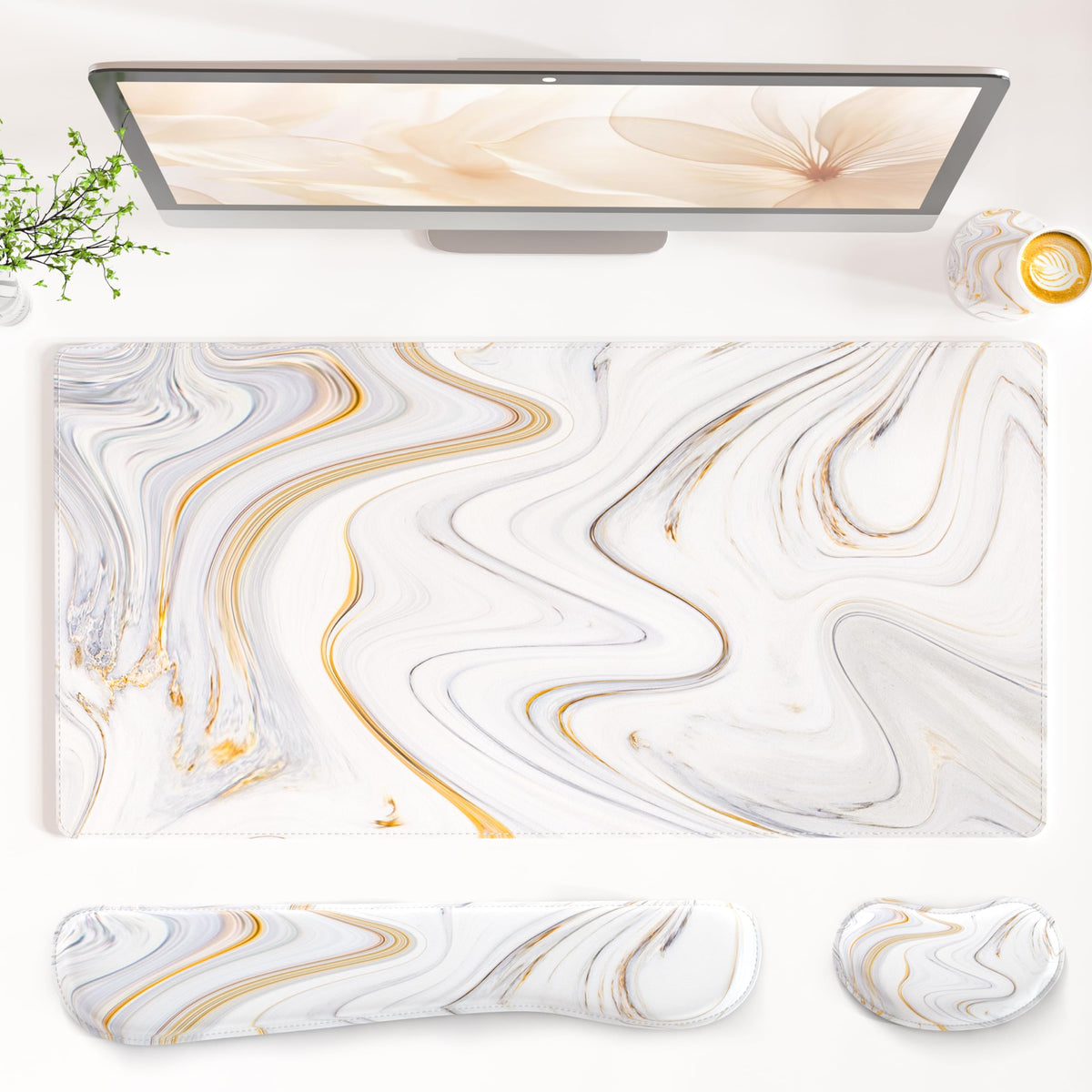 QiyI PU Leather Desk Mat Set, 4-in-1 Ergonomic Wrist Rest, Pink Marble