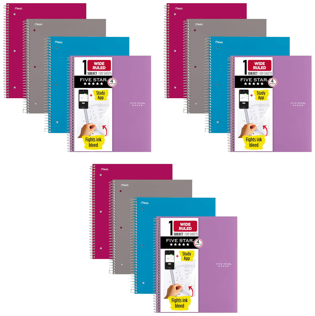 Five Star Spiral Notebook + Study App, 100 Sheets, 1 Subject, College Ruled Paper, Fights Ink Bleed, Water Resistant Cover, 820337-ECM, Purple, Pink, White & Green, 8-1/2" x 11", 4 Pack