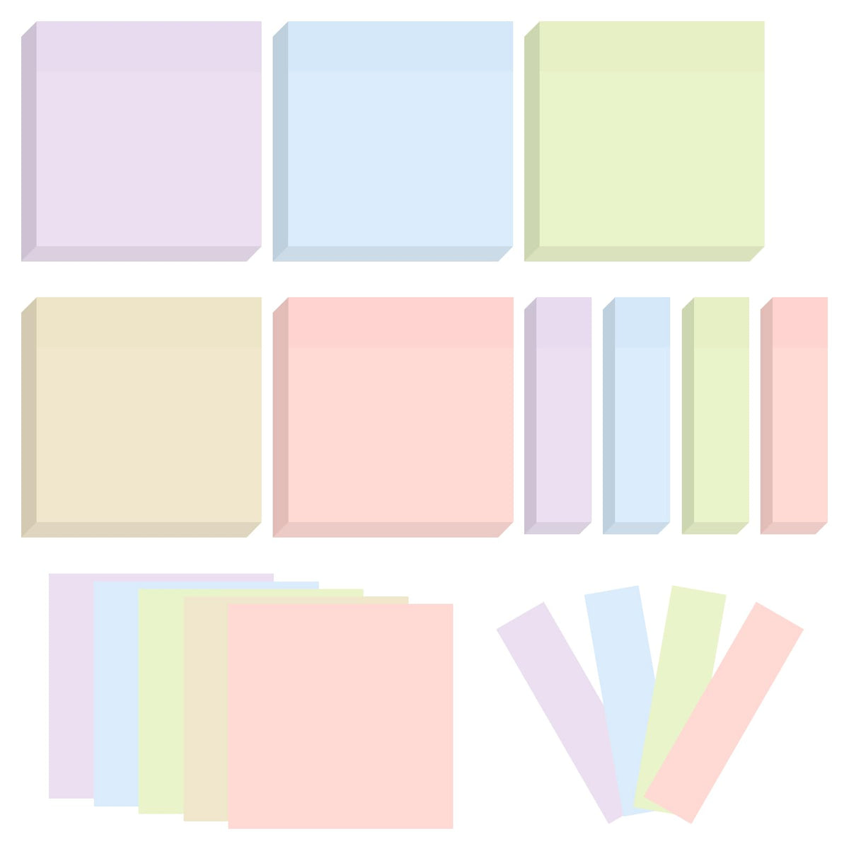 BAYTORY 6 Pads Soft Pastel Sticky Notes, Memo Sticky Note, Colorful Self-Stick Note Easy to Post for Office School Home Study (3x3 & 3x2 & 3x0.7 Inch)