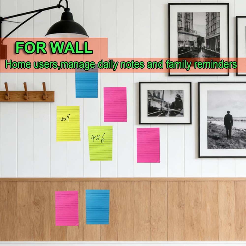 (12 Pack) Lined Sticky Notes 4x6 in,Bright Large Notepads with Lines