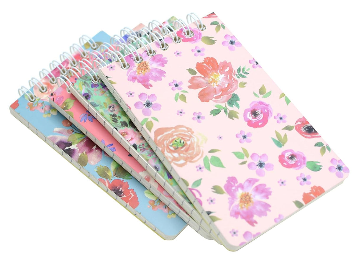 4pcs Small Top Spiral Notebook College Ruled 3x5inch Mini Cute Pocket Journals Hardcover 120 Pages 7mm Lined Pages Tiny Memo Pads for Home, Office, Work, Travel (4, Rose Flower)