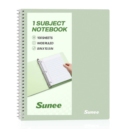 SUNEE Spiral Notebook, 1-Subject, Wide Ruled Paper, 8" x 10-1/2", 100 Sheets per Notebook, 3-Hole Punched Paper, Water Resistant Cover, Double-sided Pockets, Spiral Lined Notebooks for School, Pink