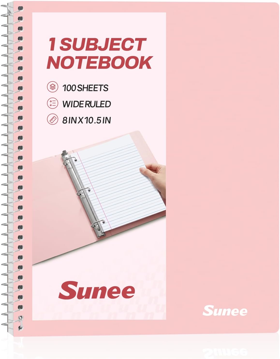 SUNEE Spiral Notebook, 1-Subject, Wide Ruled Paper, 8" x 10-1/2", 100 Sheets per Notebook, 3-Hole Punched Paper, Water Resistant Cover, Double-sided Pockets, Spiral Lined Notebooks for School, Pink