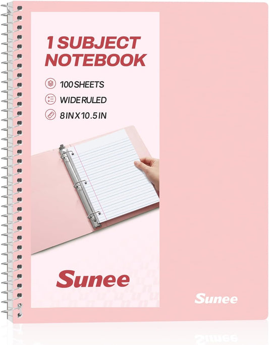 SUNEE Spiral Notebook, 1-Subject, Wide Ruled Paper, 8" x 10-1/2", 100 Sheets per Notebook, 3-Hole Punched Paper, Water Resistant Cover, Double-sided Pockets, Spiral Lined Notebooks for School, Pink