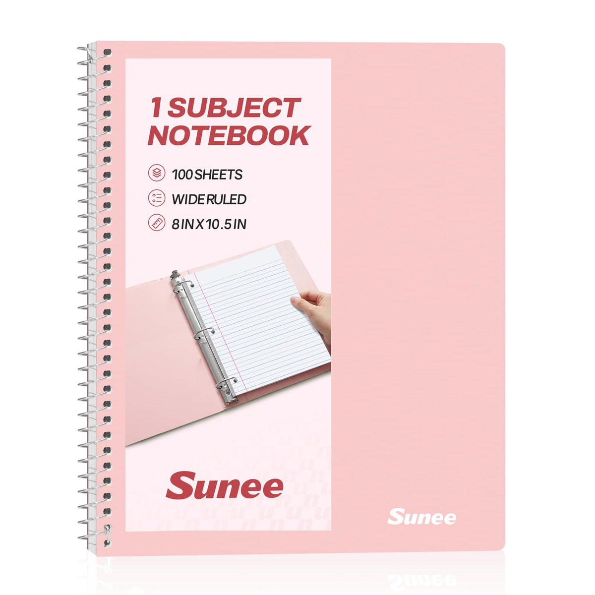 SUNEE Spiral Notebook, 1-Subject, Wide Ruled Paper, 8" x 10-1/2", 100 Sheets per Notebook, 3-Hole Punched Paper, Water Resistant Cover, Double-sided Pockets, Spiral Lined Notebooks for School, Pink