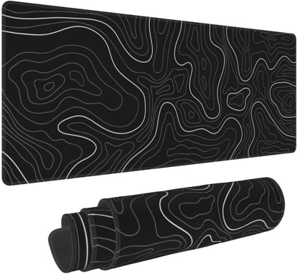Abstract Topographic Map White Grey Black Gaming Mouse Pad Long Mouse Pad Large Desk Mat 31.5 X 11.8 Inch Mousepad with Non-Slip Base Stitched Edge Keyboard Mat for Gaming Office