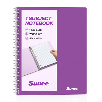 SUNEE Spiral Notebook, 1-Subject, Wide Ruled Paper, 8" x 10-1/2", 100 Sheets per Notebook, 3-Hole Punched Paper, Water Resistant Cover, Double-sided Pockets, Spiral Lined Notebooks for School, Pink