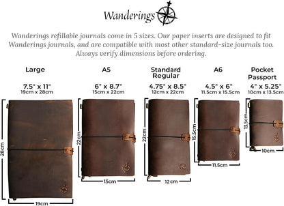 Wanderings A5 Lined Travelers Notebook Insert / A5 Journal Refill | 5.5" x 8.3" (14 x 21cm) | 3 Booklets, 240 Lined Pages | Travelers Notebook Refills for Journals, Diaries, Planners
