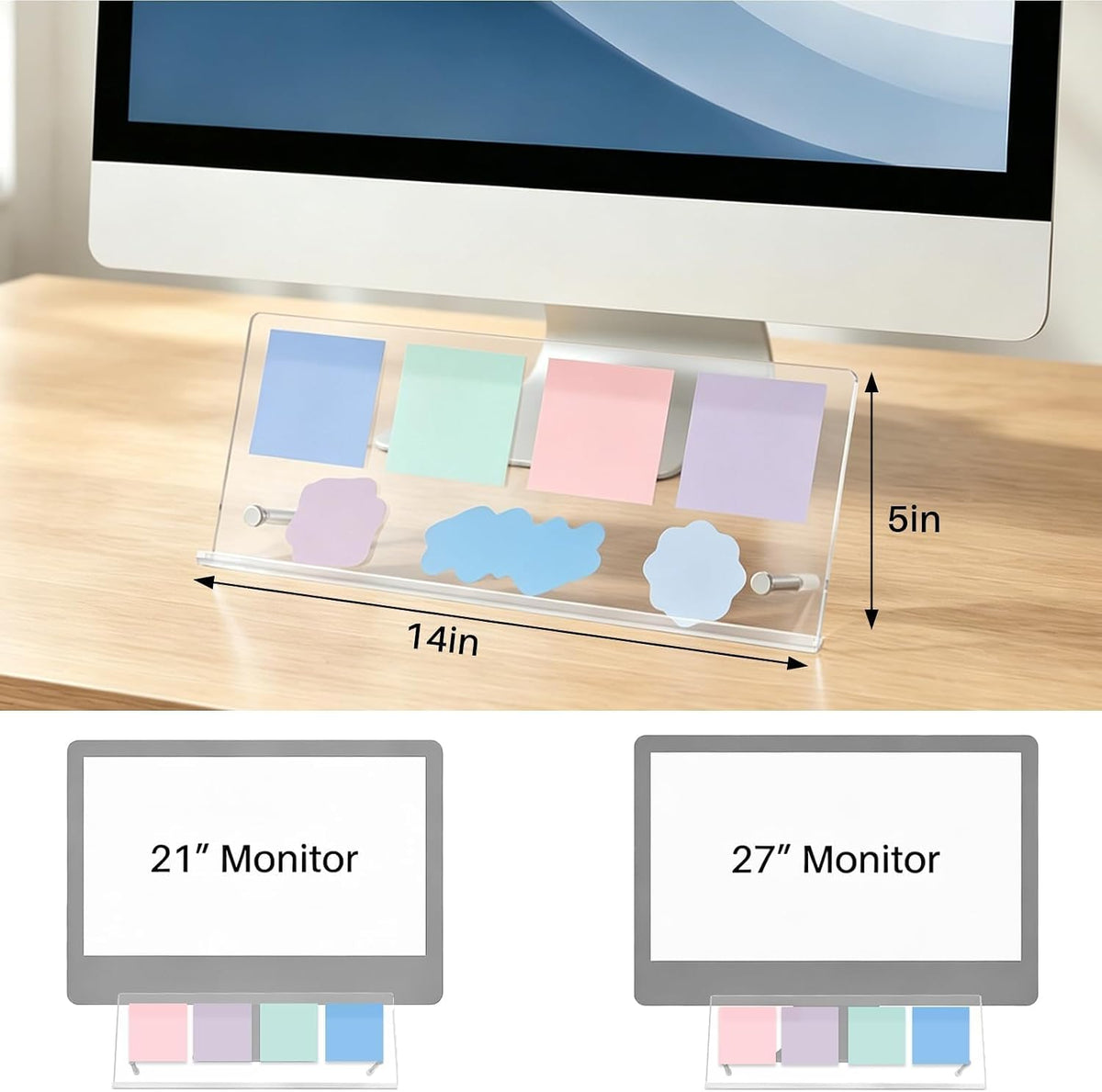 Monitor Memo Board Holder 14"x5", Office Organization Memo Holders for Computer Sticky Note Holder, Space-Saving Under Monitor, Movable & Reusable, Screen Saver for Office & Home Desktop Decor