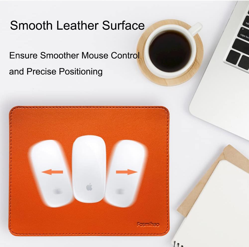 Leather Mouse Pad - Wooden Double-Side Mousepad with Stitched Edge, Waterproof Ultra Thin Mouse Pad for Computers, Laptop, Office & Home, 10.2 x 8.3 Inch, 1 Pack (Orange)
