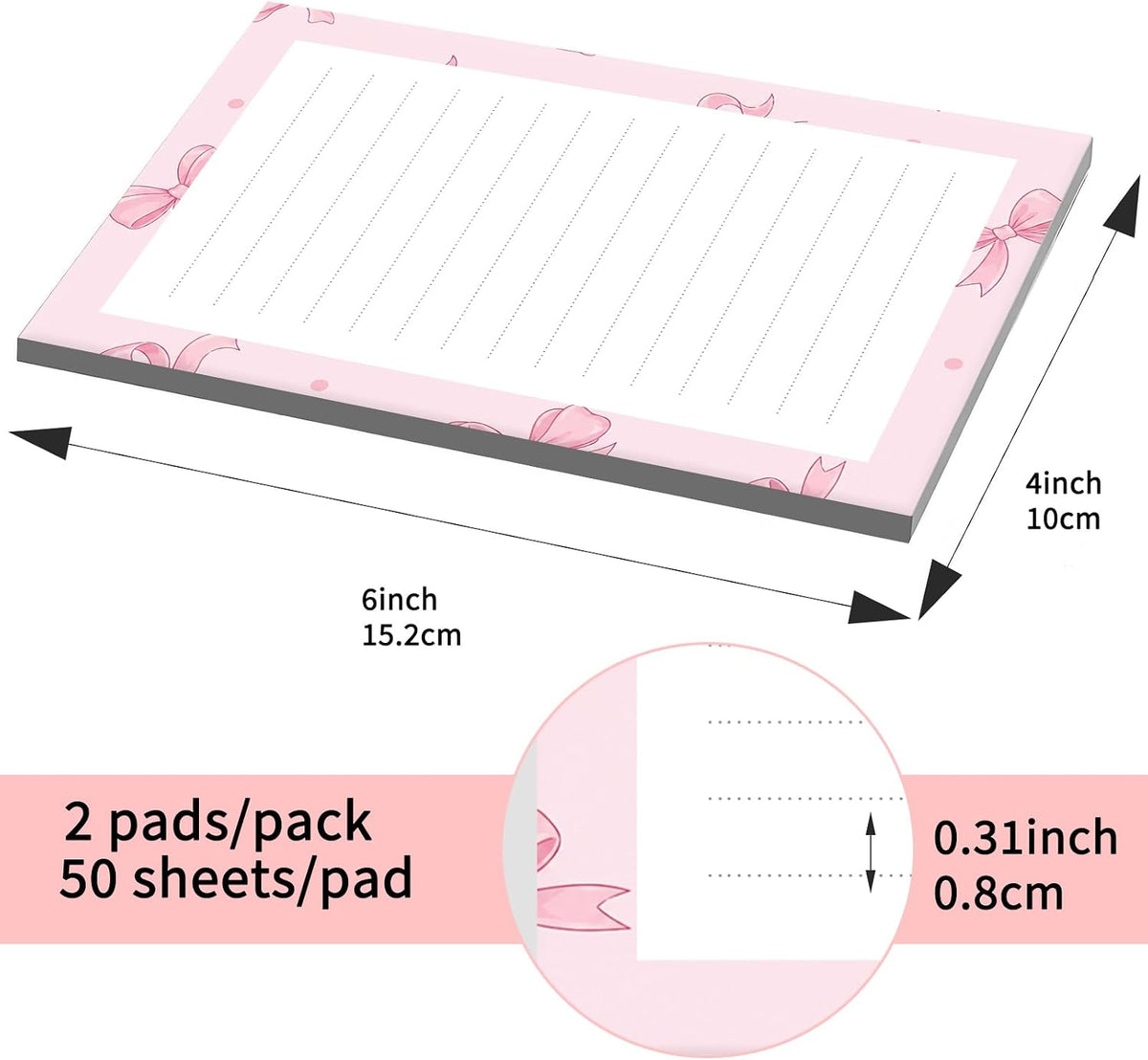 Sticky Notes 4X6 Inches, 2 Pack Large Cute Self-Stick Pads, Bright Funny Memo Pads Easy to Stick for Home, Office Cute Pink Bowties