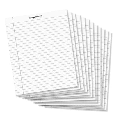 Amazon Basics Wide Ruled Lined Writing Pads, 8.5" x 11.75", Canary, 12-Pack of 50 Perforated Sheets, Sturdy Backing