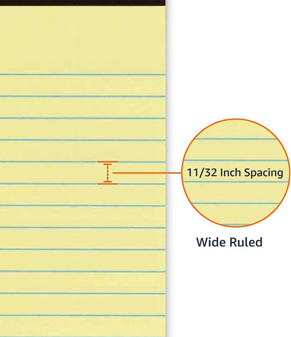 Amazon Basics Wide Ruled Lined Writing Pads, 8.5" x 11.75", Canary, 12-Pack of 50 Perforated Sheets, Sturdy Backing