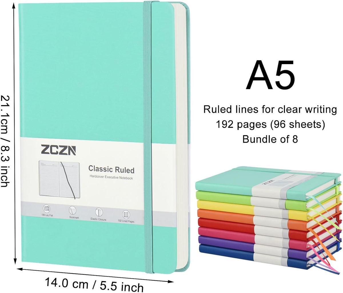 ZCZN 8 Pack Lined Journal Notebooks for Work, 5.5"x8.3", 192 Pages,8 Colors