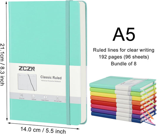 ZCZN 8 Pack Lined Journal Notebooks for Work, 5.5"x8.3", 192 Pages,8 Colors