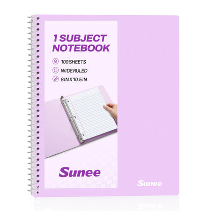 SUNEE Spiral Notebook, 1-Subject, Wide Ruled Paper, 8" x 10-1/2", 100 Sheets per Notebook, 3-Hole Punched Paper, Water Resistant Cover, Double-sided Pockets, Spiral Lined Notebooks for School, Pink