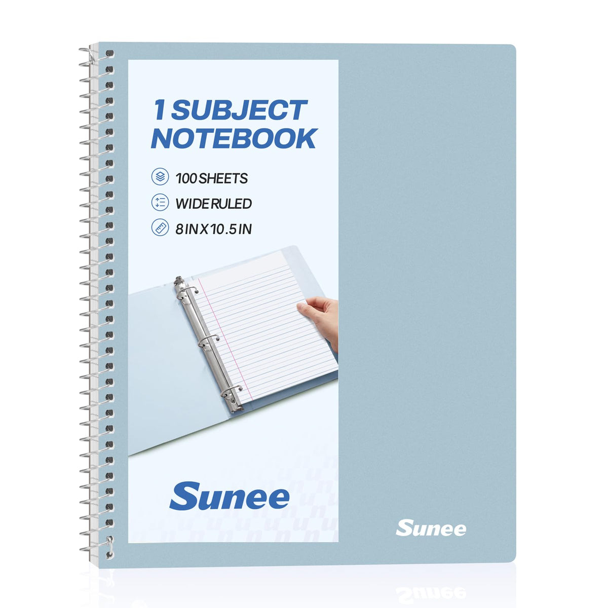 SUNEE Spiral Notebook, 1-Subject, Wide Ruled Paper, 8" x 10-1/2", 100 Sheets per Notebook, 3-Hole Punched Paper, Water Resistant Cover, Double-sided Pockets, Spiral Lined Notebooks for School, Pink