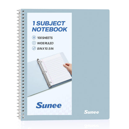 SUNEE Spiral Notebook, 1-Subject, Wide Ruled Paper, 8" x 10-1/2", 100 Sheets per Notebook, 3-Hole Punched Paper, Water Resistant Cover, Double-sided Pockets, Spiral Lined Notebooks for School, Pink