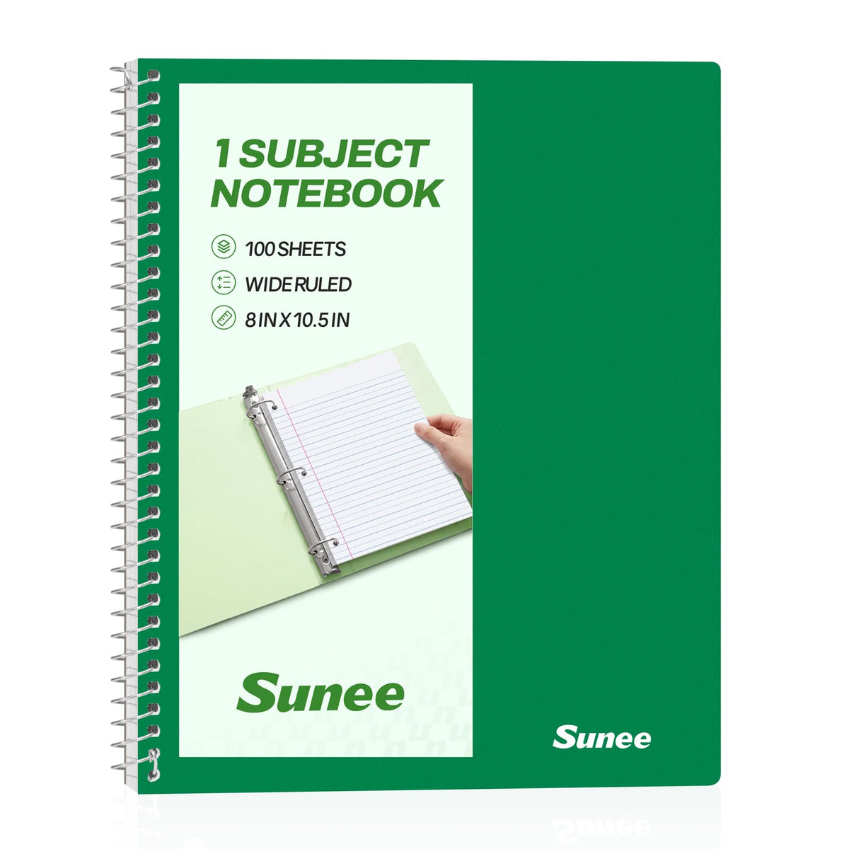 SUNEE Spiral Notebook, 1-Subject, Wide Ruled Paper, 8" x 10-1/2", 100 Sheets per Notebook, 3-Hole Punched Paper, Water Resistant Cover, Double-sided Pockets, Spiral Lined Notebooks for School, Pink