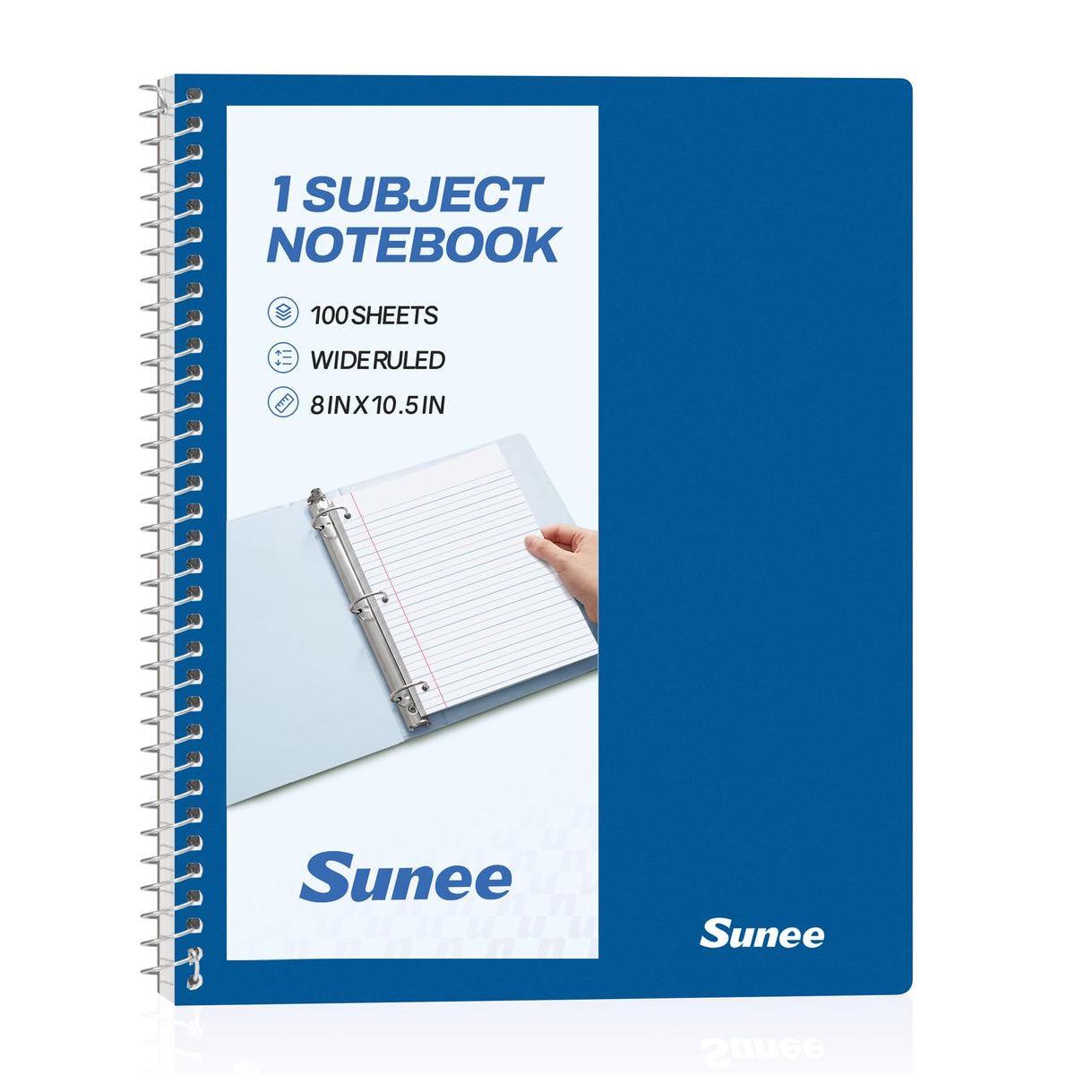 SUNEE Spiral Notebook, 1-Subject, Wide Ruled Paper, 8" x 10-1/2", 100 Sheets per Notebook, 3-Hole Punched Paper, Water Resistant Cover, Double-sided Pockets, Spiral Lined Notebooks for School, Pink