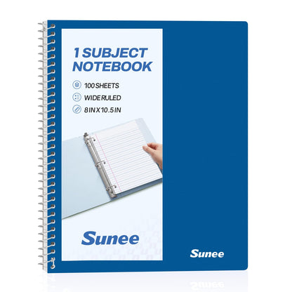 SUNEE Spiral Notebook, 1-Subject, Wide Ruled Paper, 8" x 10-1/2", 100 Sheets per Notebook, 3-Hole Punched Paper, Water Resistant Cover, Double-sided Pockets, Spiral Lined Notebooks for School, Pink