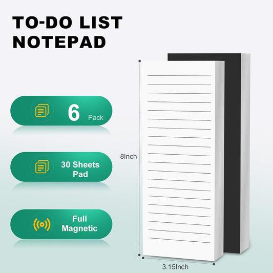 Magnetic Notepads Note Pads for Fridge with Full Magnet Back, 180 Sheets Colored Lined Refrigerator Notepad, 30 Sheets Per Pad for Grocery List, Shopping List, Office, Home, To-Do Lists & Memos