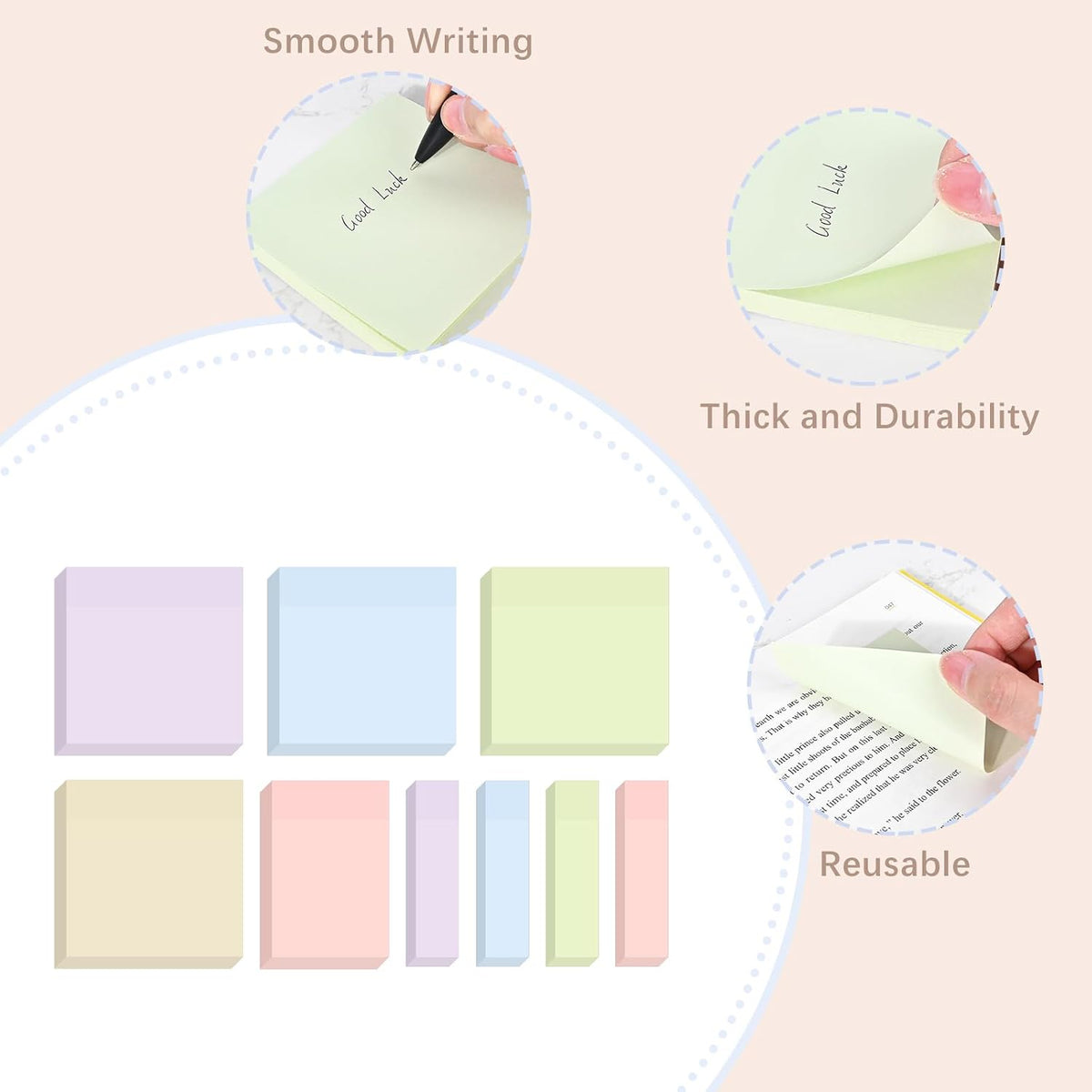 BAYTORY 6 Pads Soft Pastel Sticky Notes, Memo Sticky Note, Colorful Self-Stick Note Easy to Post for Office School Home Study (3x3 & 3x2 & 3x0.7 Inch)