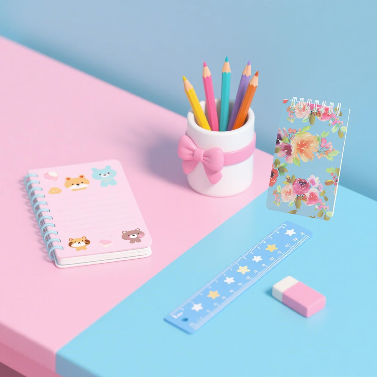 4pcs Small Top Spiral Notebook College Ruled 3x5inch Mini Cute Pocket Journals Hardcover 120 Pages 7mm Lined Pages Tiny Memo Pads for Home, Office, Work, Travel (4, Rose Flower)