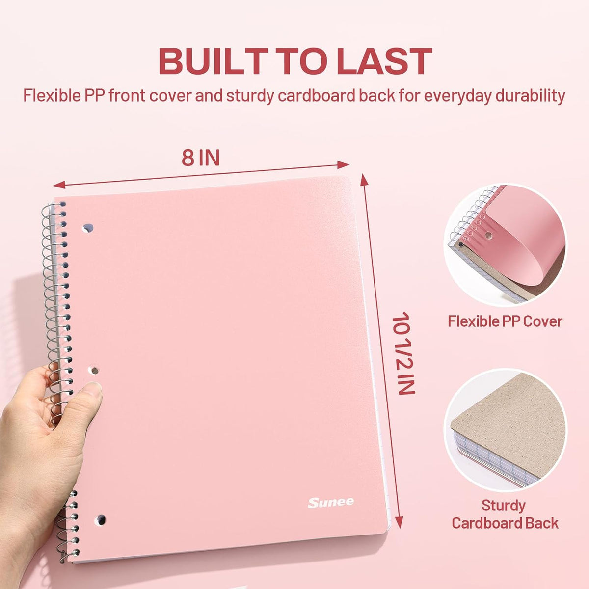 SUNEE Spiral Notebook, 1-Subject, Wide Ruled Paper, 8" x 10-1/2", 100 Sheets per Notebook, 3-Hole Punched Paper, Water Resistant Cover, Double-sided Pockets, Spiral Lined Notebooks for School, Pink