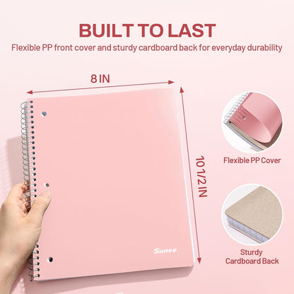 SUNEE Spiral Notebook, 1-Subject, Wide Ruled Paper, 8" x 10-1/2", 100 Sheets per Notebook, 3-Hole Punched Paper, Water Resistant Cover, Double-sided Pockets, Spiral Lined Notebooks for School, Pink