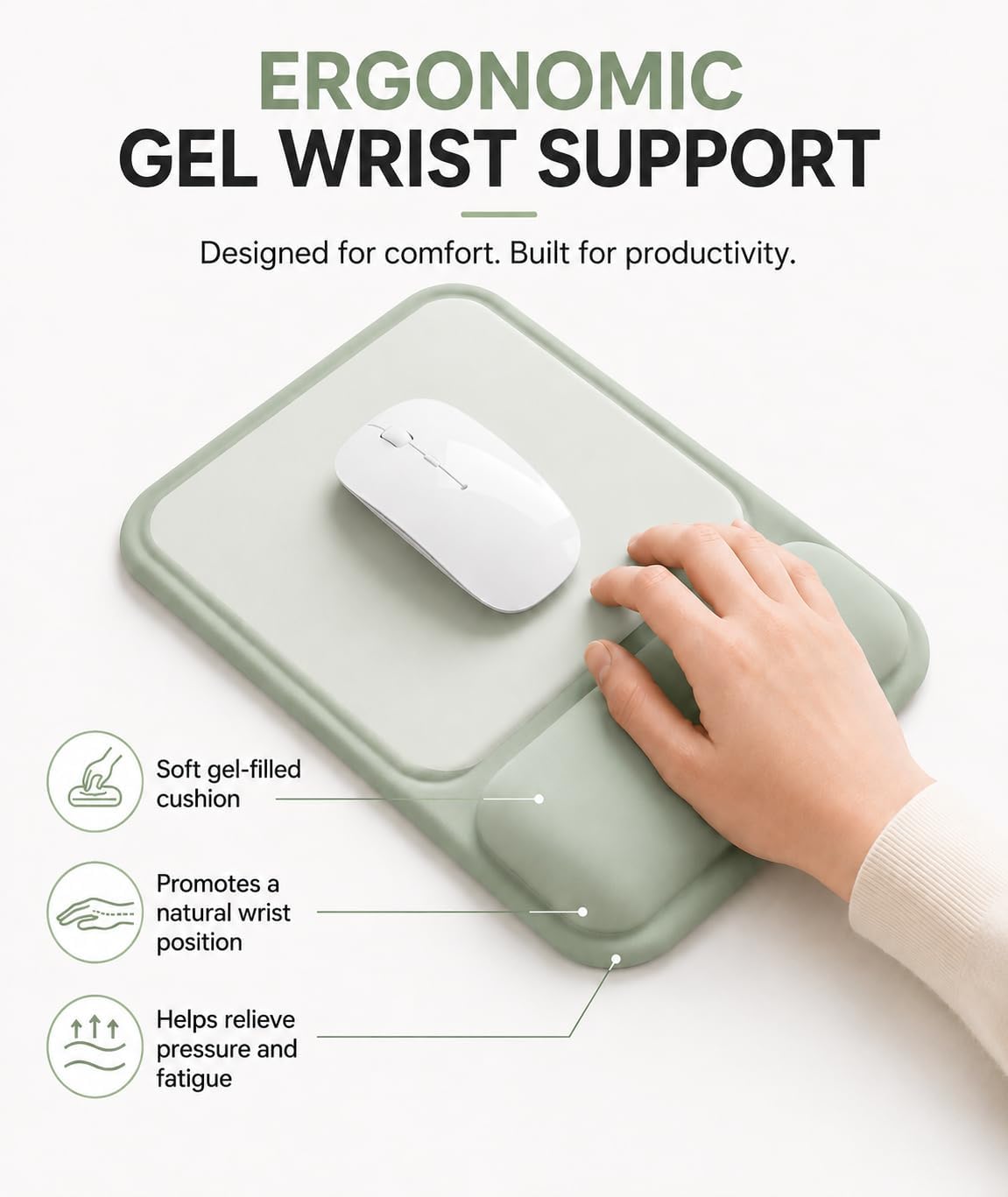 eulps Ergonomic Mouse Pad with Wrist Rest, Gel Mousepad with Soft Wrist Support, Non-Slip PU Base, Smooth Surface Mouse Pad for Wrist Pain Relief, Computer Laptop Office Home & Gaming (Sage Green)