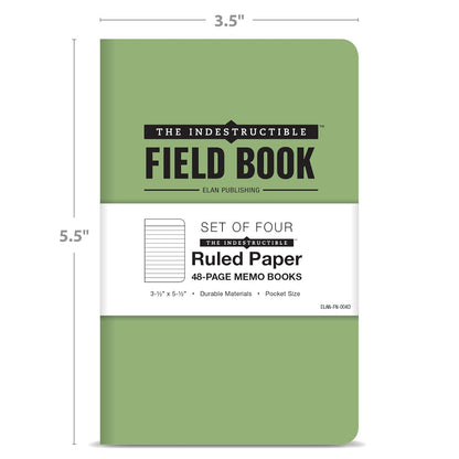 Elan Publishing Company The Indestructible, Waterproof, Tearproof, Weatherproof Field Notebook - 3.5"x5.5" - Green - Lined Memo Book - Pack of 4