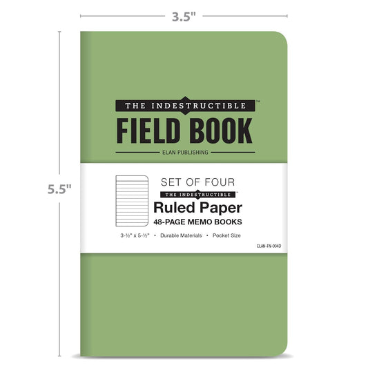 Elan Publishing Company The Indestructible, Waterproof, Tearproof, Weatherproof Field Notebook - 3.5"x5.5" - Green - Lined Memo Book - Pack of 4