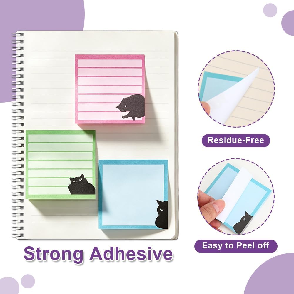 Black Cat Sticky Notes 3x3 in, Cute School Office Supplies, 80 Sheets/Pad