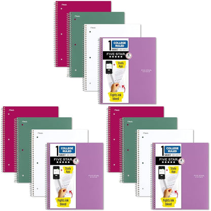 Five Star Spiral Notebook + Study App, 100 Sheets, 1 Subject, College Ruled Paper, Fights Ink Bleed, Water Resistant Cover, 820337-ECM, Purple, Pink, White & Green, 8-1/2" x 11", 4 Pack