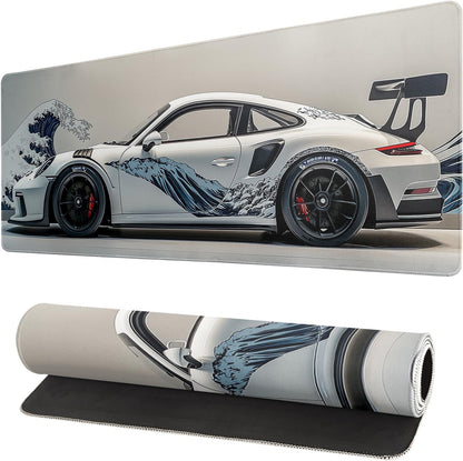 White Ukiyo-e Style Sports Car Large Gaming Mouse Pad Desktop Mat 31.5x11.8 Inch - Non-Slip Rubber Base - for Gamers - Perfect for Gamers & PC Enthusiasts