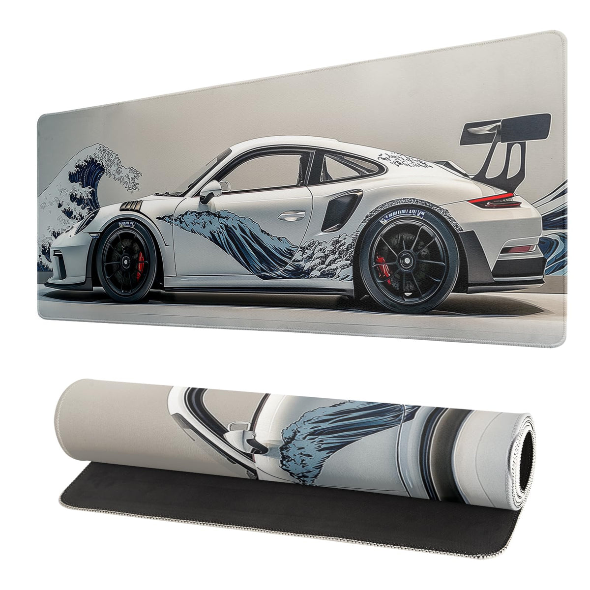 White Ukiyo-e Style Sports Car Large Gaming Mouse Pad Desktop Mat 31.5x11.8 Inch - Non-Slip Rubber Base - for Gamers - Perfect for Gamers & PC Enthusiasts