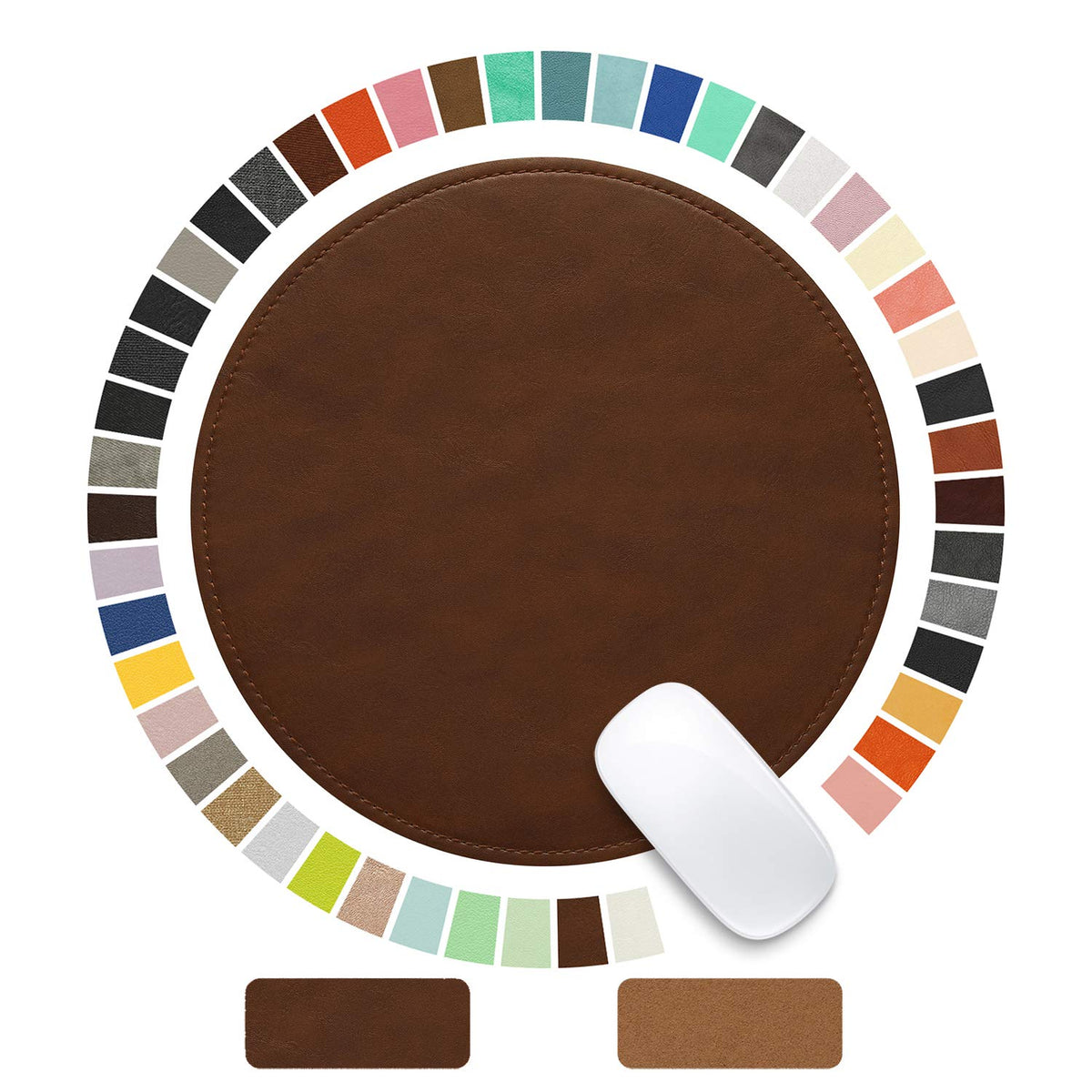 Mouse Pad，Round Mouse Pad，PU Mouse Pad，Leather Mouse Pad with Stitched Edge Micro-Fiber Base with Non-Slip Waterproof，Mouse Pad for Computers，Laptop，9 x 9 Inch (Caramel Brown)