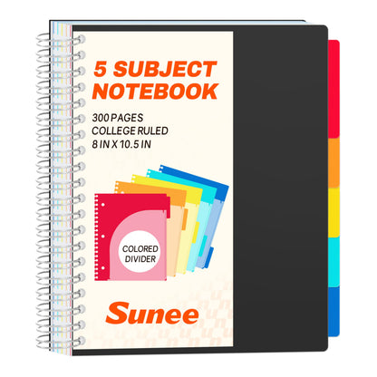 SUNEE Spiral Notebooks for Work with Removable Dividers & Tabs – College Ruled 5 Subject, 300 Pages, 3 Hole Punched, Durable PP Cover, 8"x10.5" – Notebooks for Office or School, Pink