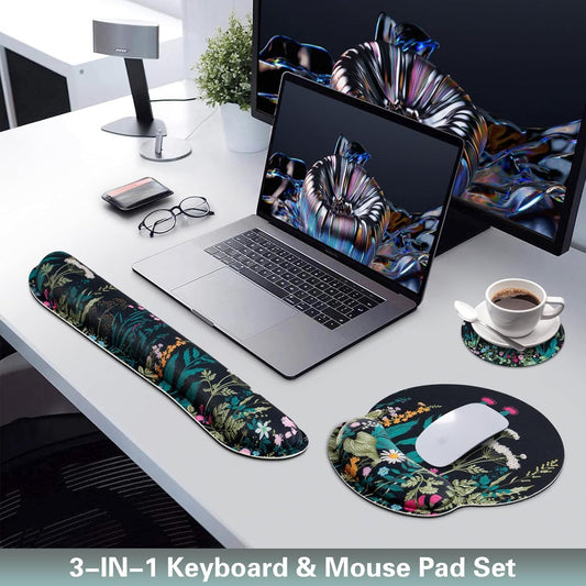Mouse Pad with Wrist Rest Set, 3-in-1 Wrist Support Mouse Pad Set, Floral