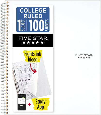 Five Star Spiral Notebook + Study App, 1 Subject, College Ruled Paper, 8.5" x 11", 100 Sheets, Blue (Color May Vary) (72565)