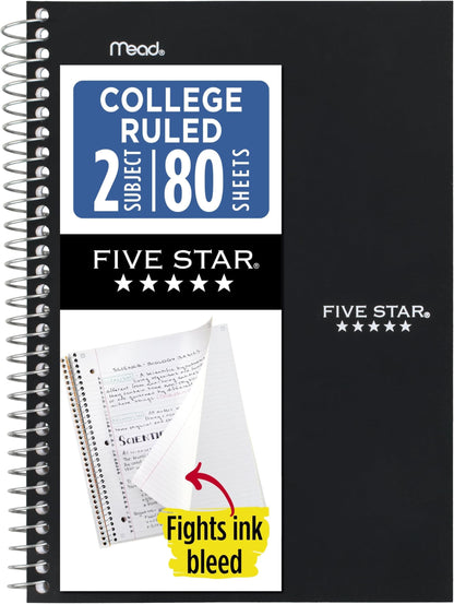 Five Star Spiral Notebook, 2 Subject, College Ruled Paper, 6" x 9.5", 80 Sheets, Blue (840029CG1)